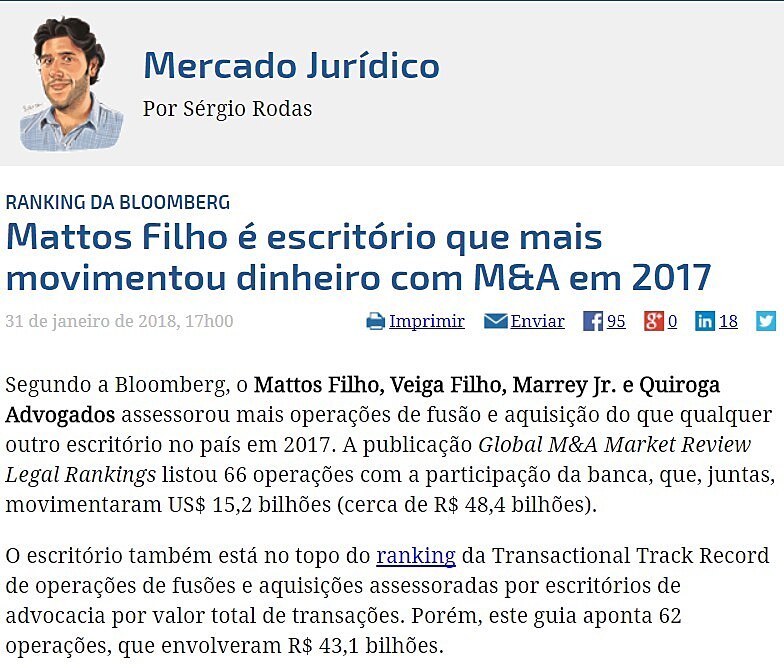 Mattos Filho  escritrio que mais movimentou dinheiro com M&A em 2017